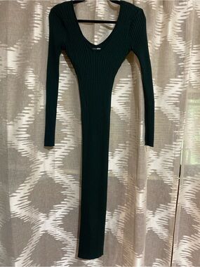 Fashion Nova Dark Green Ribbed Long Sleeve Bodycon Maxi Dress